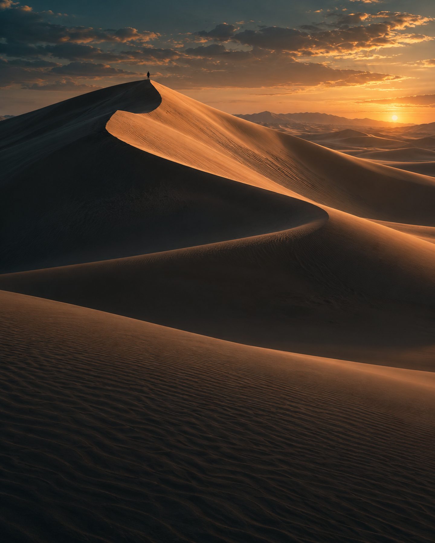 A single figure atop a desert dune at sunset, silhouetted against golden light.