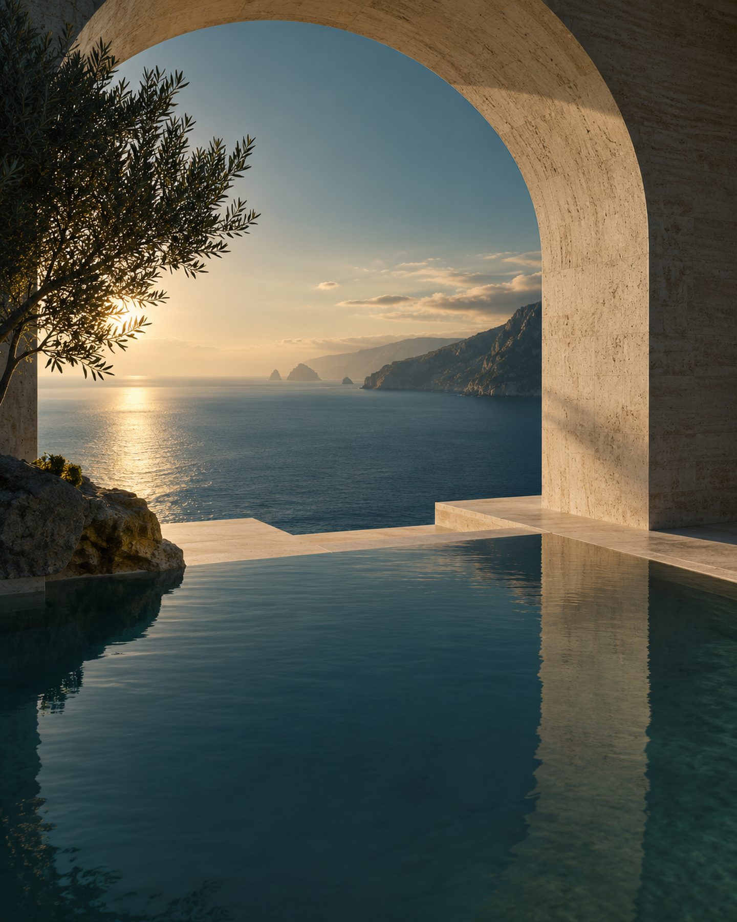 Stone archway framing the sea at golden hour, a still from the ISOLA STUDIOS visual world.