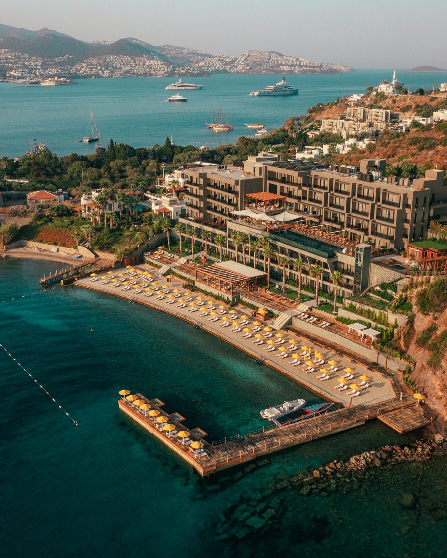Aerial view of a coastal resort in Bodrum, Turkey.