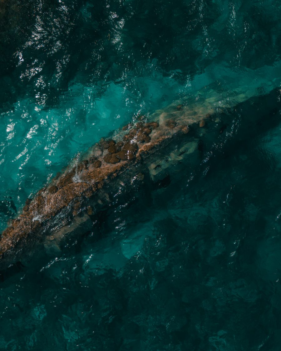 Aerial view of a shipwreck in shallow water, Venezuela.